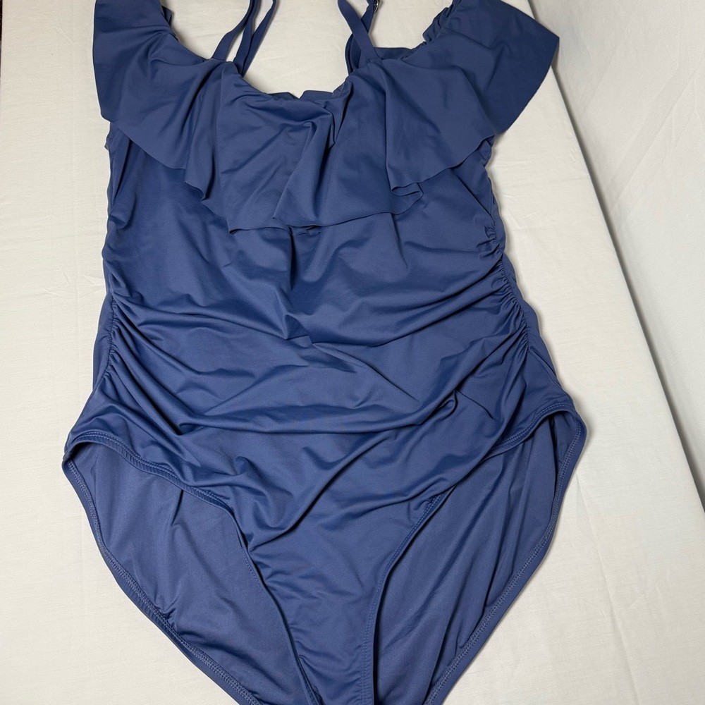 La Blanca Island Goddess Off Shoulder Ruffle One Piece Swimsuit Indigo 20W New - Picture 6 of 14